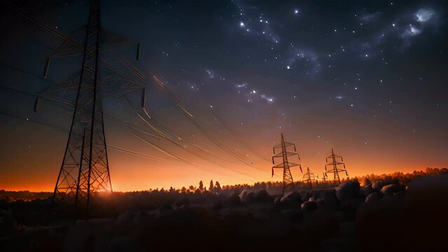Electricity transmission towers with orange glowing wires the starry night sky. Energy infrastructure concept, energy, electricity, voltage, supply