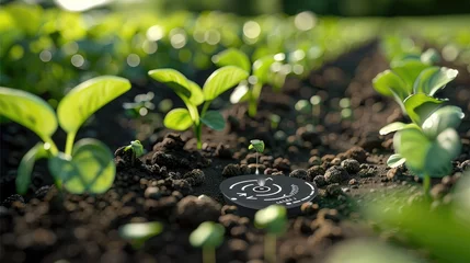Fotobehang Soil and Crop Sensing. Plant Watering Alarm Sensor Detector. Detectors planted in the soil can monitor moisture levels at multiple depths. Generative AI. © visoot