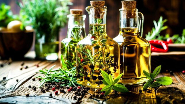 Olive oil bottles with herbs and spices on a rustic kitchen counter exude a sophisticated appeal.Food blogs, recipe books, restaurant menus, cooking classes.