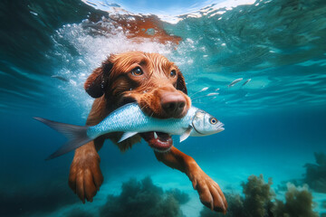 A dog diving in the sea and catching fish