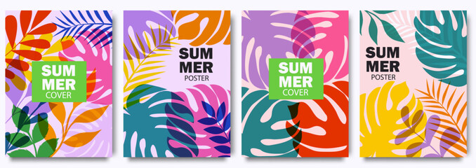 Summer bright illustrations set for poster, card, cover, label, banner in modern minimalist style with overlay effect. Modern simple summer design templates with tropical leaves and plants. Vector © Oksana Kalashnykova