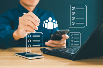 Businessmen use computers to make online questionnaires, fill in digital questionnaires, do...