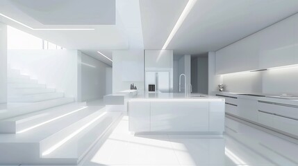 Elegance of a minimalist white kitchen, where clean lines and pristine white surfaces converge to create a serene and functional space for culinary exploration and modern living