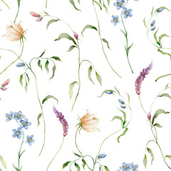 Watercolor floral seamless pattern of forget-me-not, anemone, narcissus, lavender and leaves. Hand painted flowers illustration isolated on green background. For design, print, fabric or background. - 745974939