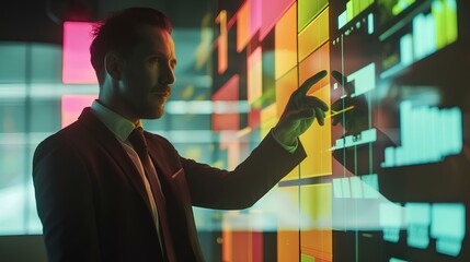 businessman pointing to floating digital virtual graphic diagram in the office. generative AI