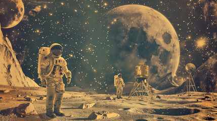 Obraz premium Vintage Space Explorers a nostalgic blend of retro-futuristic charm. Immerse yourself in scenes featuring classic spacesuits