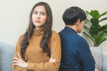 Breakup and depressed, asian young quarrel couple love fight relationship in trouble. Different people are emotion angry. Argue wife has expression upset with husband. Problem of family people.
