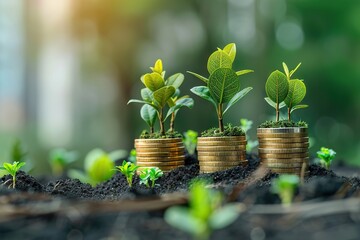 Financial Growth in Nature’s Lap Young Green Plants Sprouting from Golden Coins, Symbolizing Sustainable Wealth and Investment