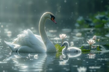 Graceful swans glide serenely across a tranquil blue lake, their beauty mirrored in the calm waters, capturing the essence of peaceful harmony in nature. Generative AI.