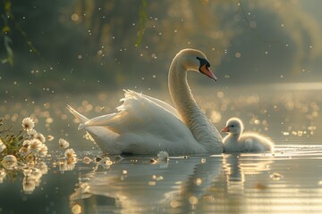 Graceful swans glide serenely across a tranquil blue lake, their beauty mirrored in the calm waters, capturing the essence of peaceful harmony in nature. Generative AI.