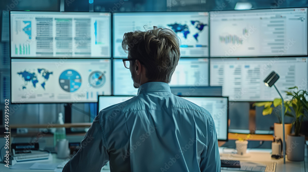 Poster Web analyst conducts web page audit, he looks at monitor. several graphics are displayed on monitor. In the background workroom with whiteboard with diagram. Generative AI.