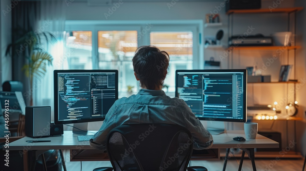 Leinwandbilder Hacker businessman using computer in minimal office, backside view. Generative AI.
