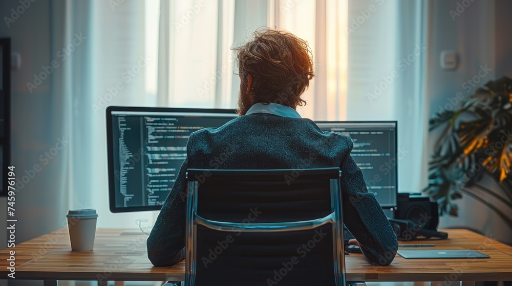 Aufkleber Hacker businessman using computer in minimal office, backside view. Generative AI.