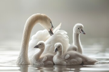 Obraz premium Graceful swans glide serenely across a tranquil blue lake, their beauty mirrored in the calm waters, capturing the essence of peaceful harmony in nature. Generative AI.