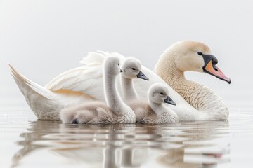 Obraz premium Graceful swans glide serenely across a tranquil blue lake, their beauty mirrored in the calm waters, capturing the essence of peaceful harmony in nature. Generative AI.