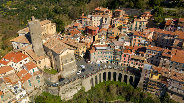 Aerial view of Nemi, a town and comune in the Metropolitan City of Rome, Italy. It is located in the Alban Hills. The historic center is included in the Castelli Romani regional park.