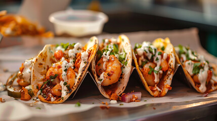 Mexican street snack, fast food. Shrimp tacos.
