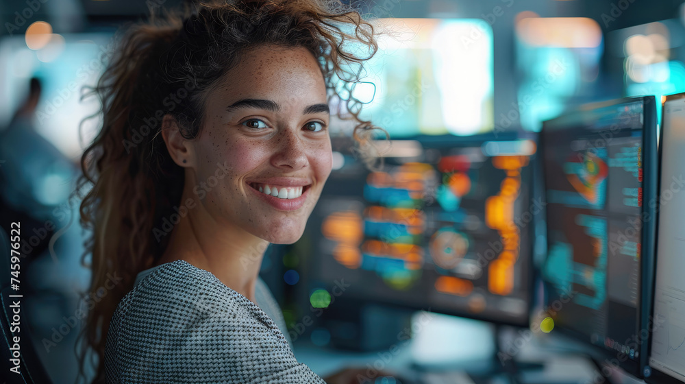 Aufkleber Female software developer smiling at her desk with dual monitors at modern tech office. Generative AI.