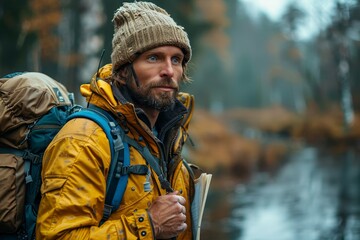 A rugged man with a thoughtful expression is equipped with a backpack while exploring a tranquil forest landscape
