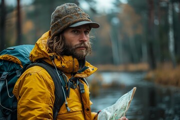 A bearded male hiker in yellow jacket holds a map while navigating through a foggy forest environment