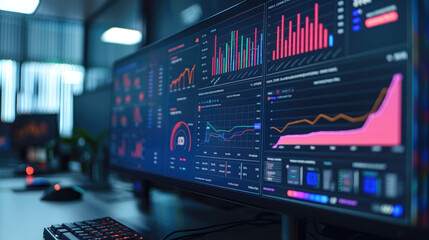 Web data dashboard showing charts and graphs on the screen, in a graphic design and technology style. Generative AI. - obrazy, fototapety, plakaty