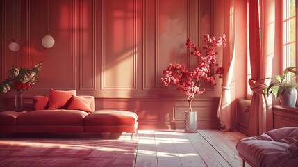 Serenity of an interior bathed in soft red colors, where muted tones and gentle hues infuse the space with a sense of calm and tranquility