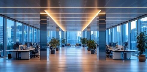 A wide-angle shot of a contemporary office space with panoramic city views and a minimalist design aesthetic