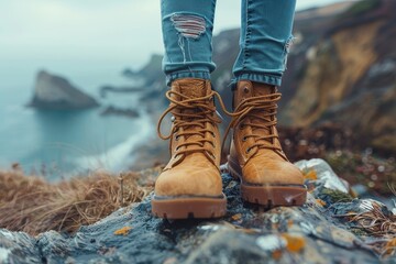 Close-up of sturdy hiking boots on the rocky edge of a cliff with the ocean's vastness stretching in the background
