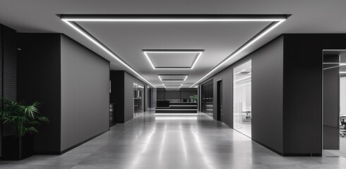 A monochromatic corridor featuring sleek geometric lighting fixtures that create a futuristic atmosphere