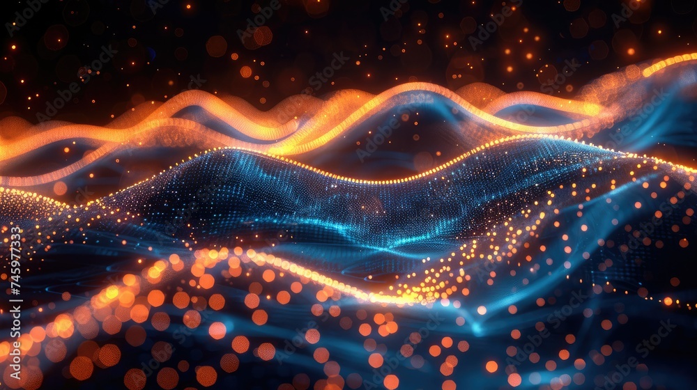 Aufkleber abstract future, gold and blue neon waves race, high-speed light lines with bokeh, sound wave visual