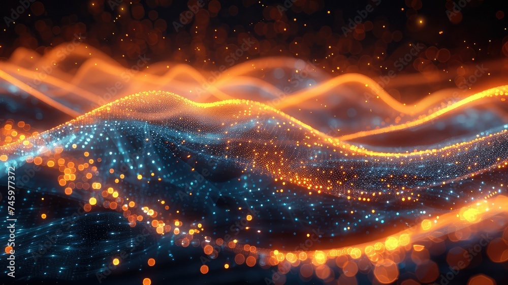Aufkleber abstract future, gold and blue neon waves race, high-speed light lines with bokeh, sound wave visual
