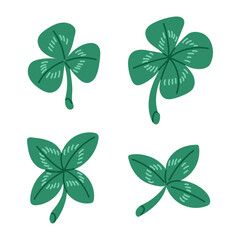 Flat hand drawn set of shamrock and clover leaves on white background. Irish traditional element. St Patricks Day decoration. Unique print design, decoration, stickers