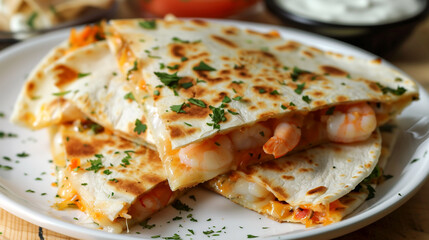 Delicious quesadillas with shrimp and vegetables. Placed on a white plate and sprinkled with cilantro.