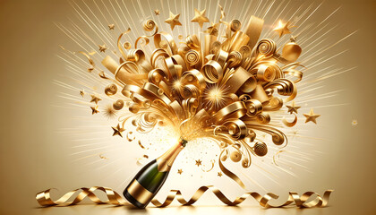 Bouteille de champagne avec explosion de confettis, étoiles, serpentin, idéal pour carte de vœux, invitation a un évènements, ou arrière-plan festif - obrazy, fototapety, plakaty