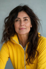 real photo 50 year old brunette woman in yellow exercise clothes looking at camera 