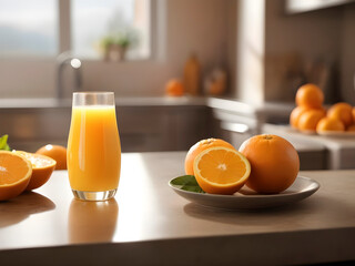 Naklejka premium Kitchen Glow: Defocused Afternoon Light Setting the Scene for Fresh Orange Juice