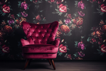 Old styled purple vintage armchair, floral pattern on dark background wallpaper, retro nostalgia