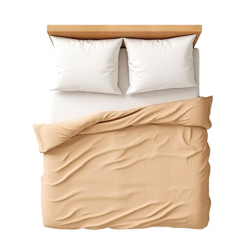 Cozy modern bedroom setting with unmade bed and neutral colored bedding, cut out