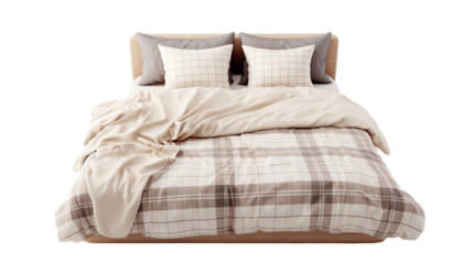 Cozy modern bedroom setting with unmade bed and neutral colored bedding, cut out