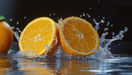 Vibrant close-up of fresh oranges being split in half with a splash of water against a dark background, showing movement and freshness