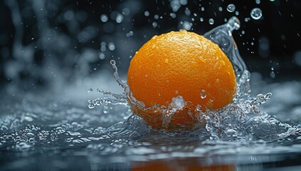 A fresh orange fruit in the midst of a dynamic water splash, symbolizing vitality and natural...