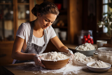 Fototapeta premium Closeup on woman sifting flour in a glass bowl at home. Process of cooking pecan pie in home kitchen for American Thanksgiving Day.