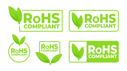 Green labels with a leaf icon indicating RoHS Compliant for electronics, promoting environmentally responsible manufacturing. - obrazy, fototapety, plakaty