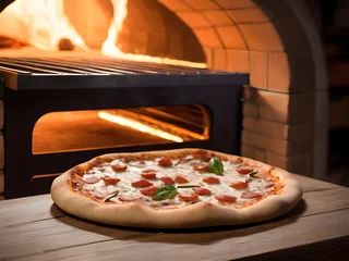 Foto op Plexiglas Savor the Aroma: Freshly Baked Pizza on a Rustic Wooden Surface © Francesco 