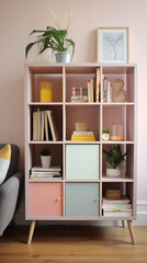 Stylish scandinavian composition of living room with shelves, book, decoration, loft wall and personal accessories in modern home decor.