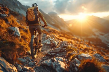 Silhouette of a cyclist on a mountain bike riding along a rocky path during a vibrant sunset