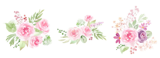 Wreaths, bouquets and frames of watercolor spring roses flowers for invitations, cards, holiday background, pink summer roses, scrapbooking. Watercolor design, Delicate pink flowers, green foliage