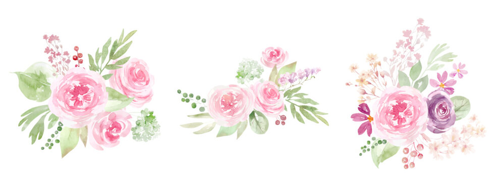 Wreaths, bouquets and frames of watercolor spring roses flowers for invitations, cards, holiday background, pink summer roses, scrapbooking. Watercolor design, Delicate pink flowers, green foliage © Yevheniia Poli