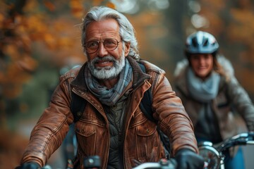 Fototapeta premium Stylish older man with beard cycling with a friend, enjoying colorful fall foliage in the background