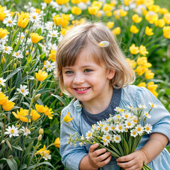 child smiling brightly while smelling the scent of spring flowers